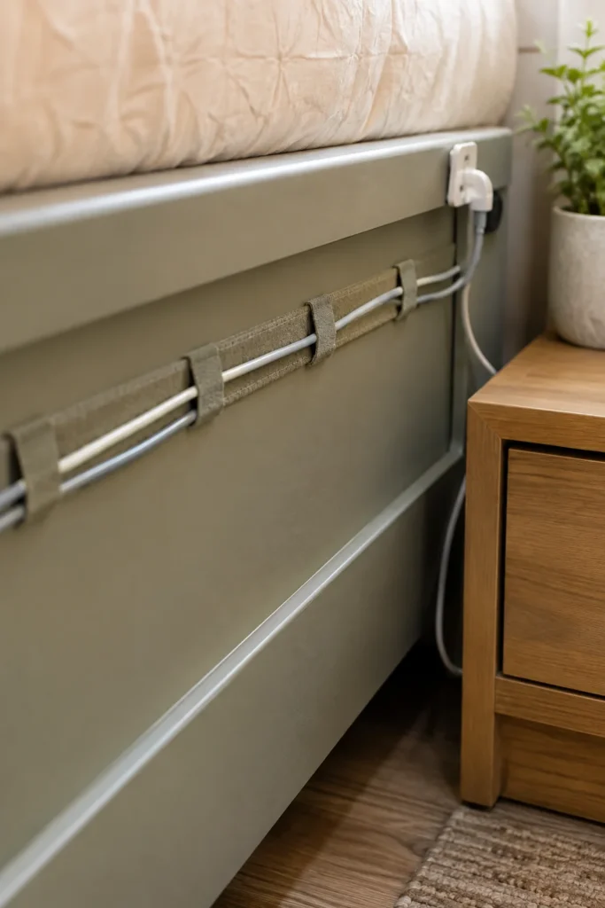 Self-adhesive hook-and-loop fabric cable organizer channel running flat along a camper bunk frame edge.