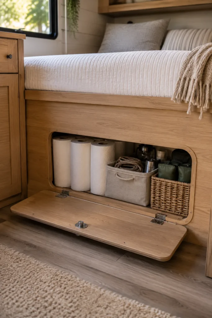 Hinged front hatch door on an RV bed frame opening into the under-bed storage area