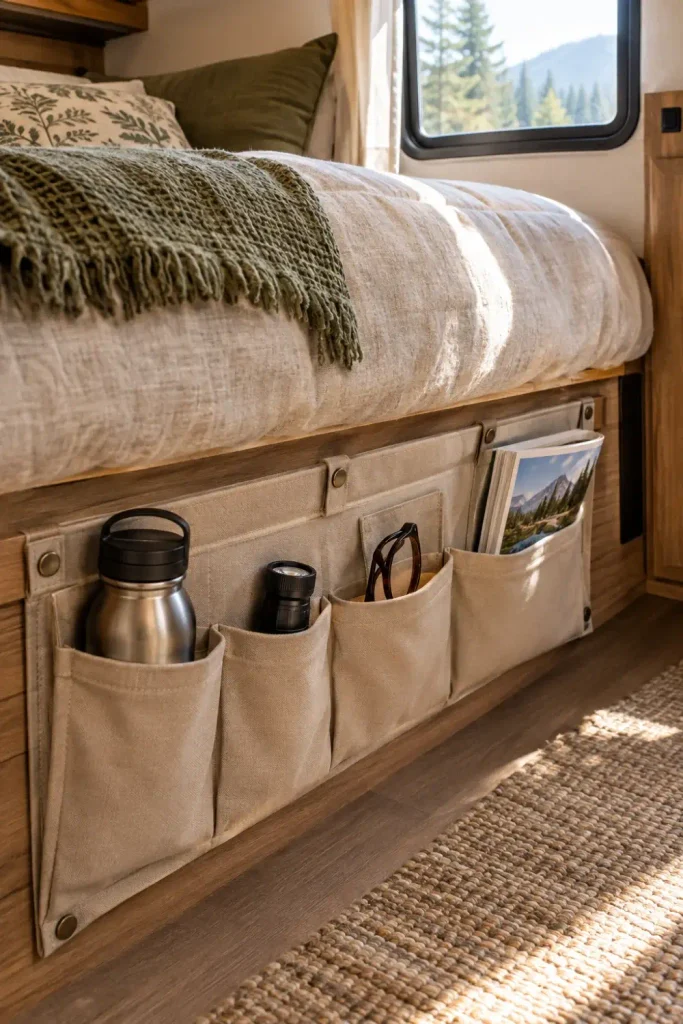 Beige canvas pocket organizer attached to an RV bed frame base holding nighttime essentials