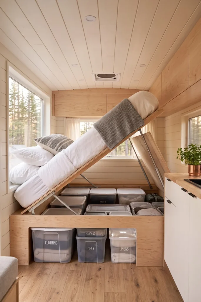 Gas struts lifting a camper bed platform to reveal under-bed storage.