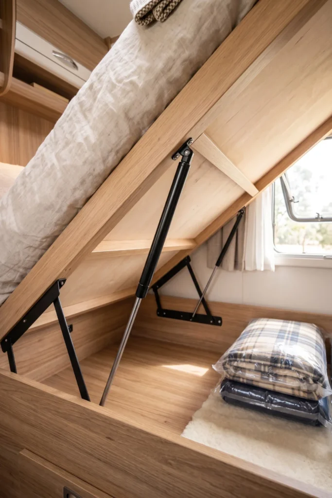 Heavy duty hydraulic gas struts mounted on an open wooden RV bed frame