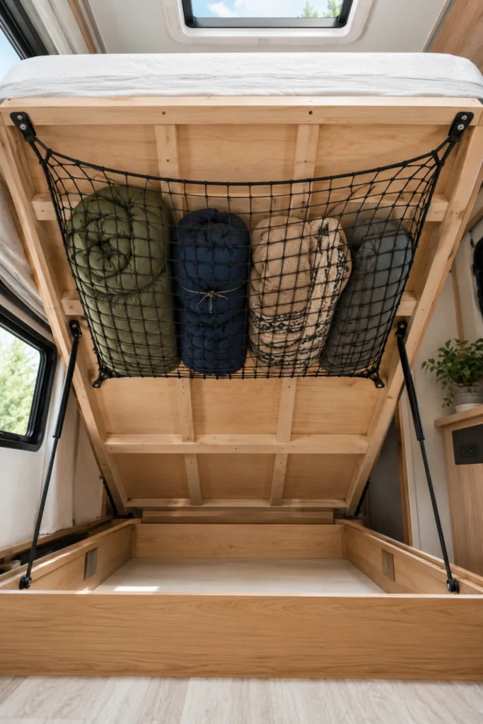 Black elastic cargo net holding extra bedding under a raised RV bed platform