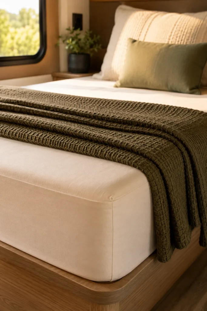Perfectly taut camper bed sheets and an olive-green waffle throw blanket on a short queen mattress.