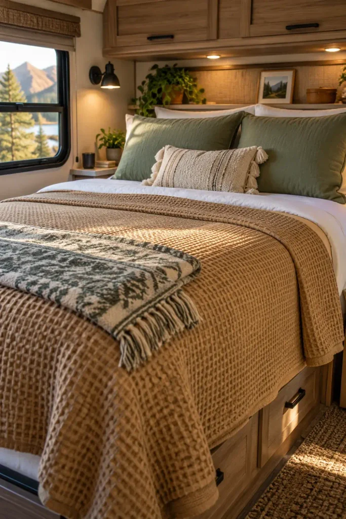A beautifully styled RV bed with a crisp white fitted sheet and a textured, warm tan waffle-weave coverlet layered over it, finished with sage green accent pillows.
