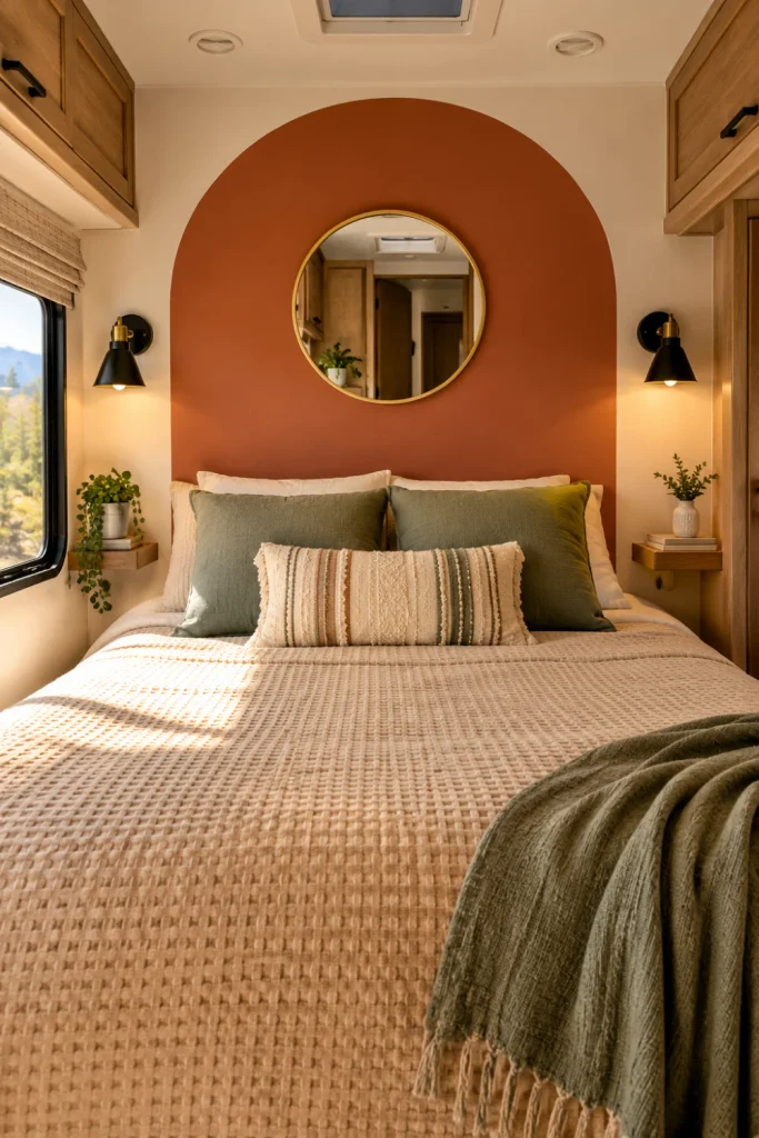 A cozy camper bedroom where a large, matte-finish terracotta-colored arch decal is applied to the main wall behind the bed, creating the illusion of an architectural alcove.