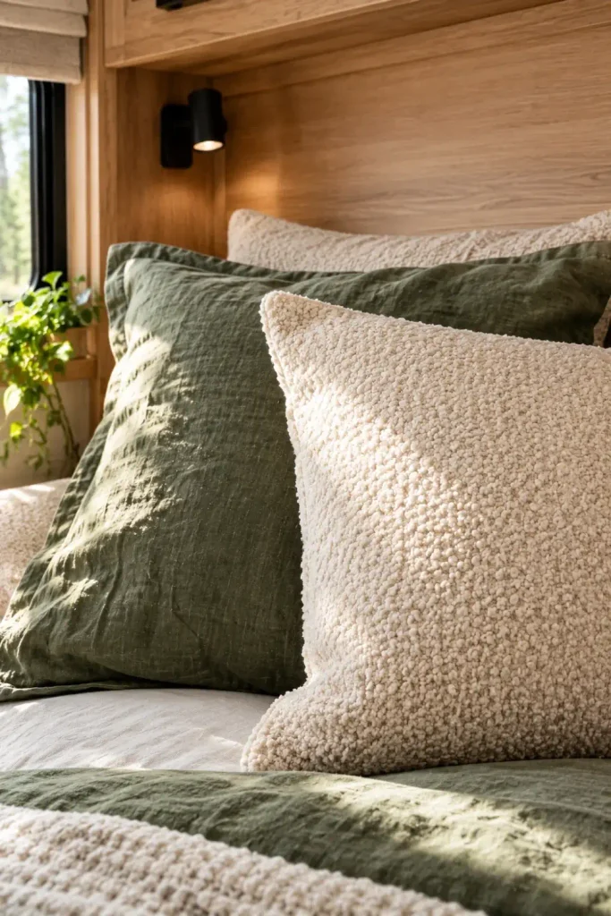 A close-up of a stacked pile of plush RV pillows on a bed, covered in highly textured fabrics: one cream bouclé sham and one soft, wrinkled charcoal washed cotton sham.
