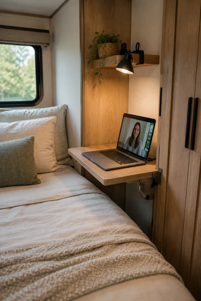 Space-saving collapsible fold-down desk mounted beside the bed in an RV master bedroom for private work calls.