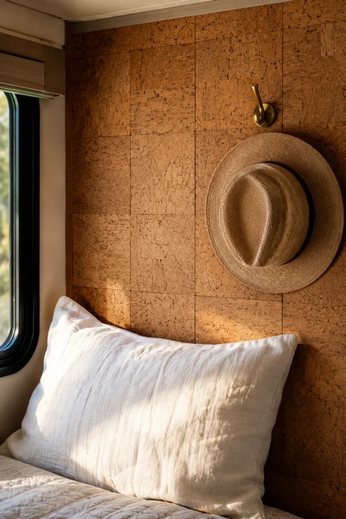 Insulating natural cork tile accent wall installed behind the bed in an RV travel trailer.