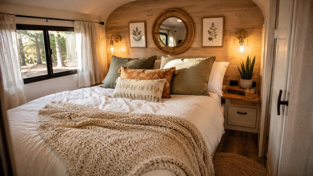 A warmly lit, inviting RV bedroom featuring textured linens, soft blankets, natural wood accents, and cozy lighting, illustrating stylish decor ideas for a camper.