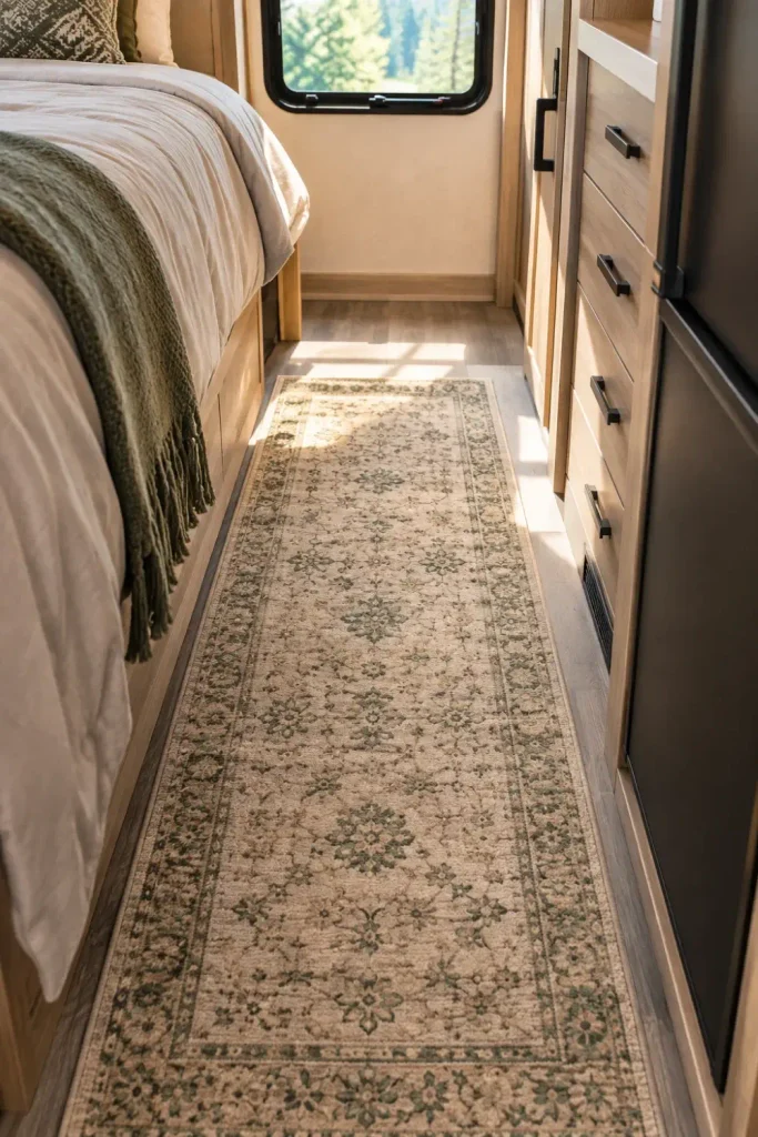 A vertical view looking down into a narrow RV bedroom walkway, where a beige and sage green patterned washable runner rug covers the plain factory vinyl flooring next to the bed.

