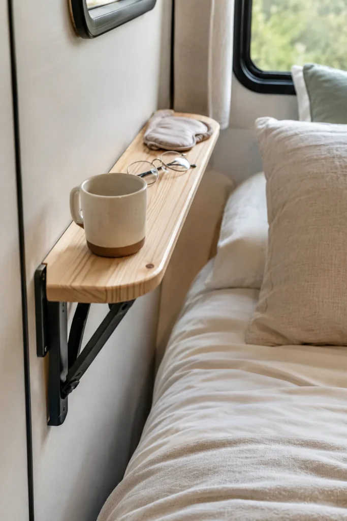 Small wooden folding drop-down nightstand shelf mounted to an RV wardrobe wall next to the bed.