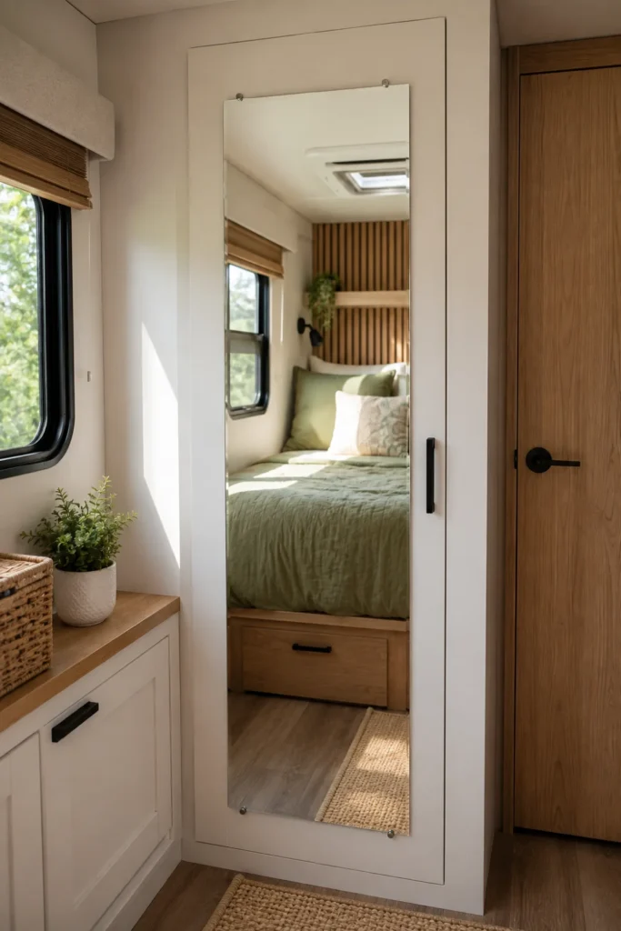 Full-length frameless lightweight acrylic mirror mounted on an RV wardrobe door reflecting a bright bedroom.