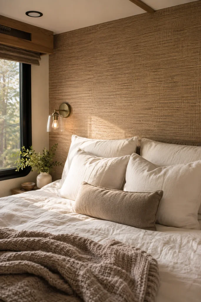 Peel and stick grasscloth wallpaper accent wall in an RV camper bedroom.
