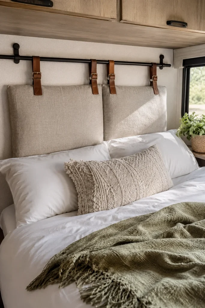 Custom RV bedroom headboard featuring two linen cushions suspended from a black metal rod by leather straps.