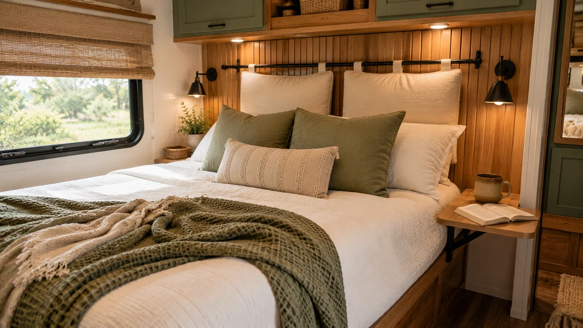 Remodeled cozy RV bedroom featuring light wood slat accent wall, hanging linen headboard cushions, warm sconce lighting, and sage green bedding.