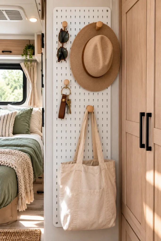 Slim white pegboard wall organizer holding hats, sunglasses, and keys in a small RV bedroom.