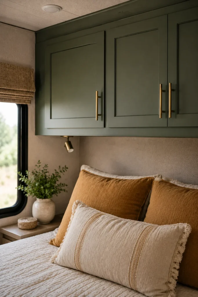 Custom painted muted sage green upper cabinets with brass hardware in a renovated RV bedroom.