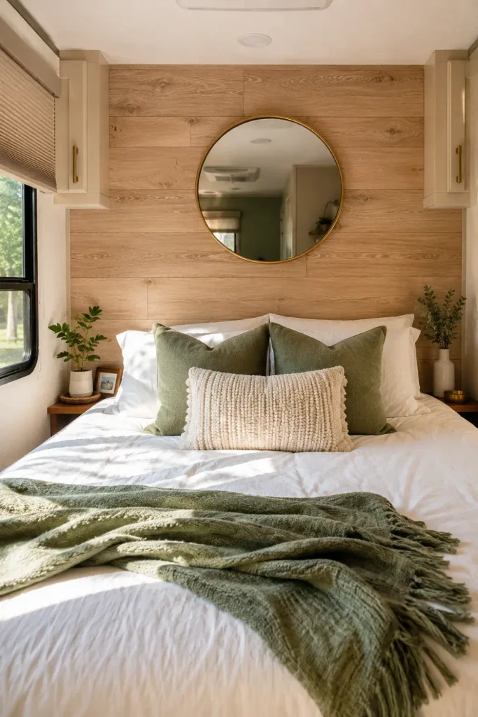 A cozy camper bedroom featuring a faux-wood plank headboard made from textured, light-oak peel-and-stick panels applied directly to the wall behind the bed.
