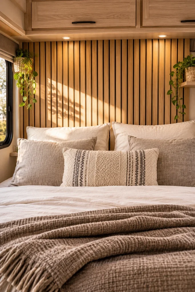 Vertical light-oak wood slat accent wall installed behind a cozy camper bed.