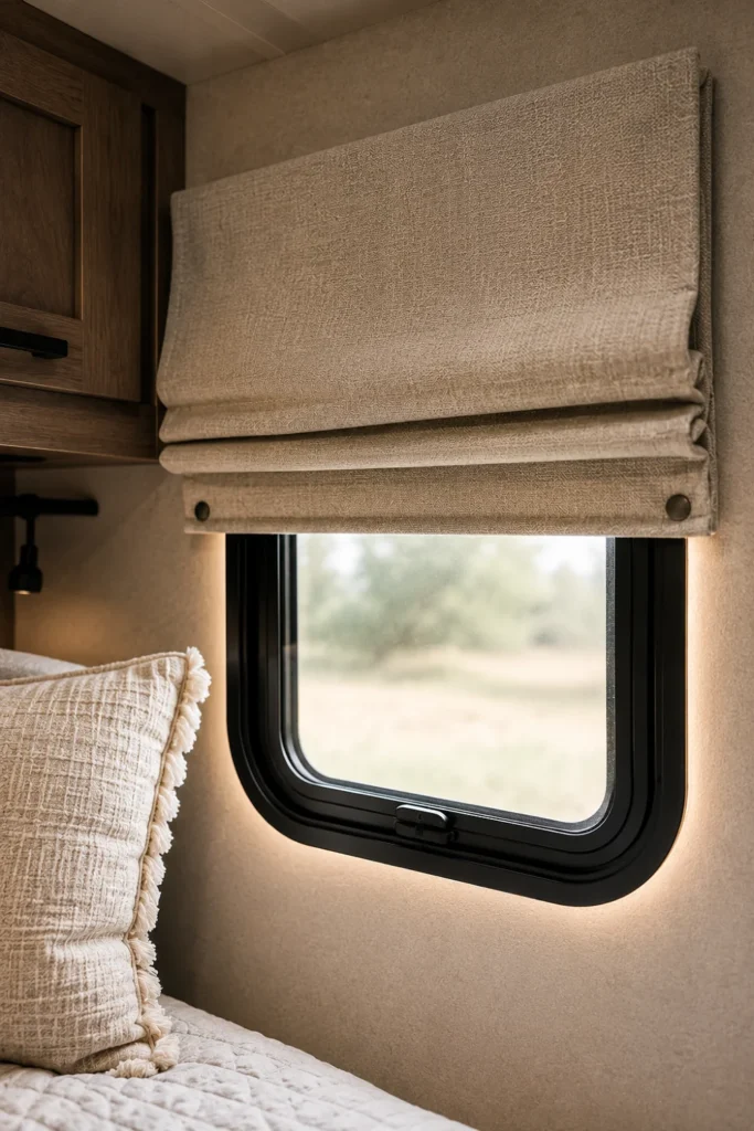 Tailored fabric blackout roman shade snapped flush against a small RV bedroom window.