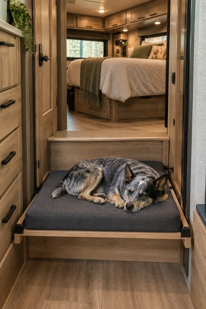 Hinged folding step platform providing a flat raised dog bed over travel trailer bedroom steps.
