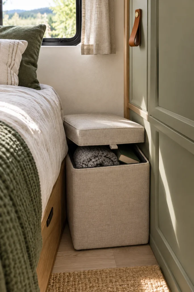 A small, square beige fabric foldable ottoman with a removable lid tucked into an awkward corner of an RV bedroom, with the lid slightly ajar showing stored extra blankets.
