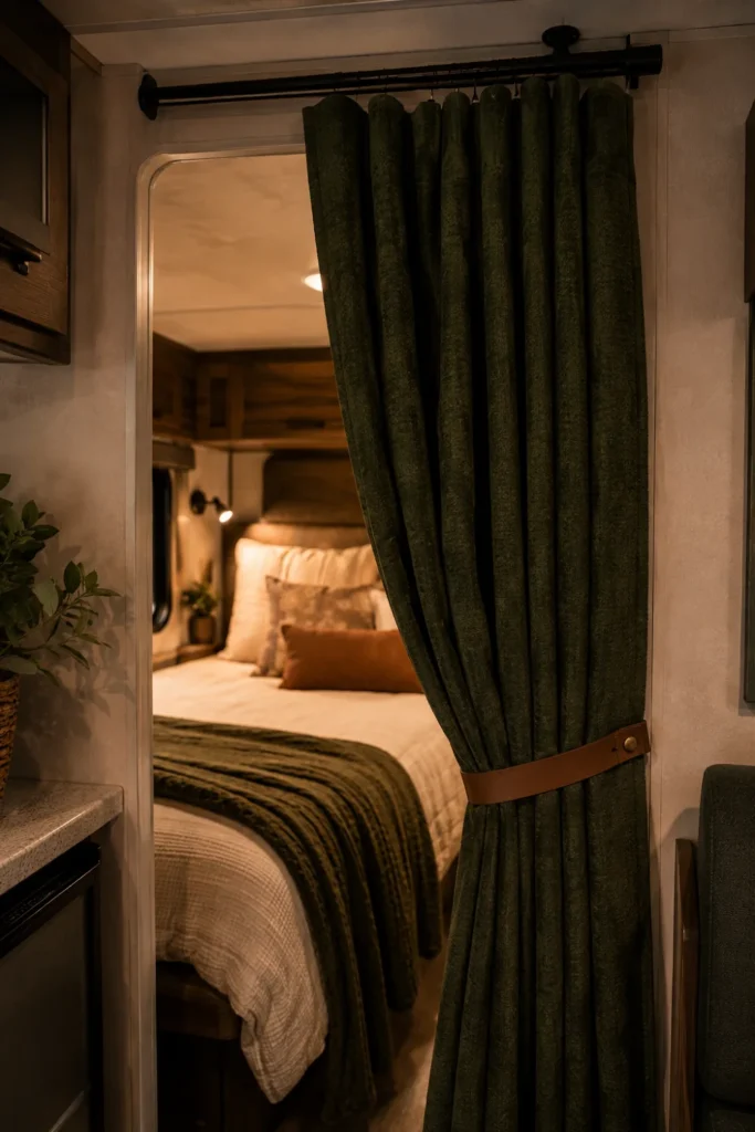 Heavy dark green thermal doorway curtain with leather tieback separating an RV bedroom from the main living area.