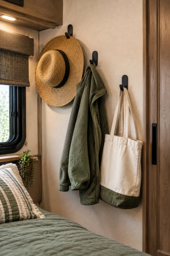Matte black adhesive coat hooks mounted on a camper bedroom wall holding a sun hat and jacket.