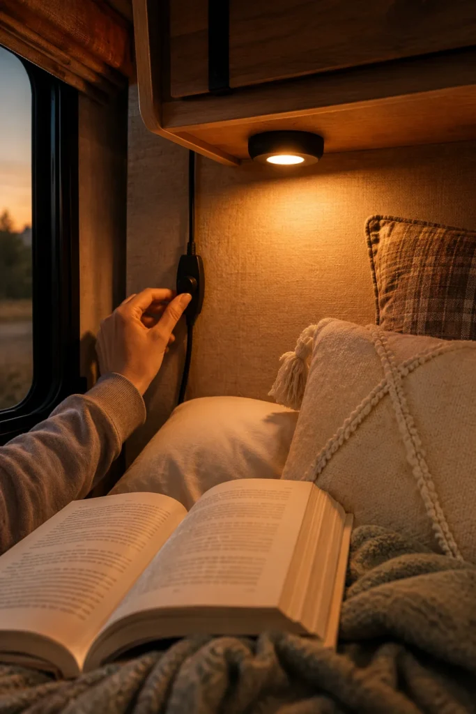 Overhead camper cabinet with an installed warm LED 12V puck light illuminating an RV bedside reading space.