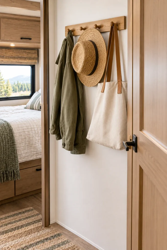 A simple natural wood peg rail mounted on the wall behind an RV bedroom door, holding a light olive green jacket, a straw hat, and a canvas tote bag.