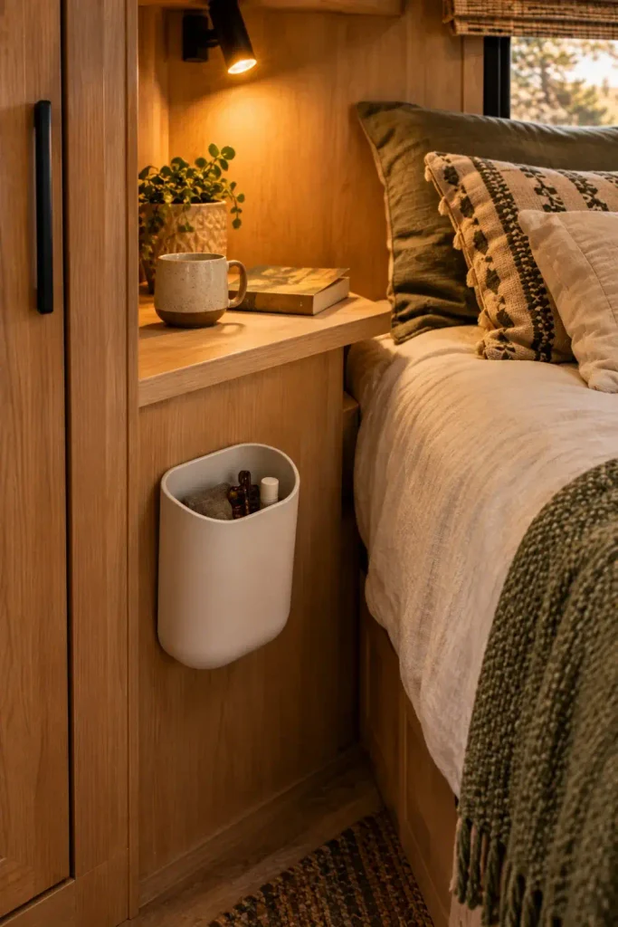 Small adhesive mini trash pod mounted next to an RV nightstand shelf and cozy bed.