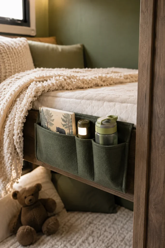 A sage green felt pocket caddy holding a book, flashlight, and water bottle by an RV bunk bed.