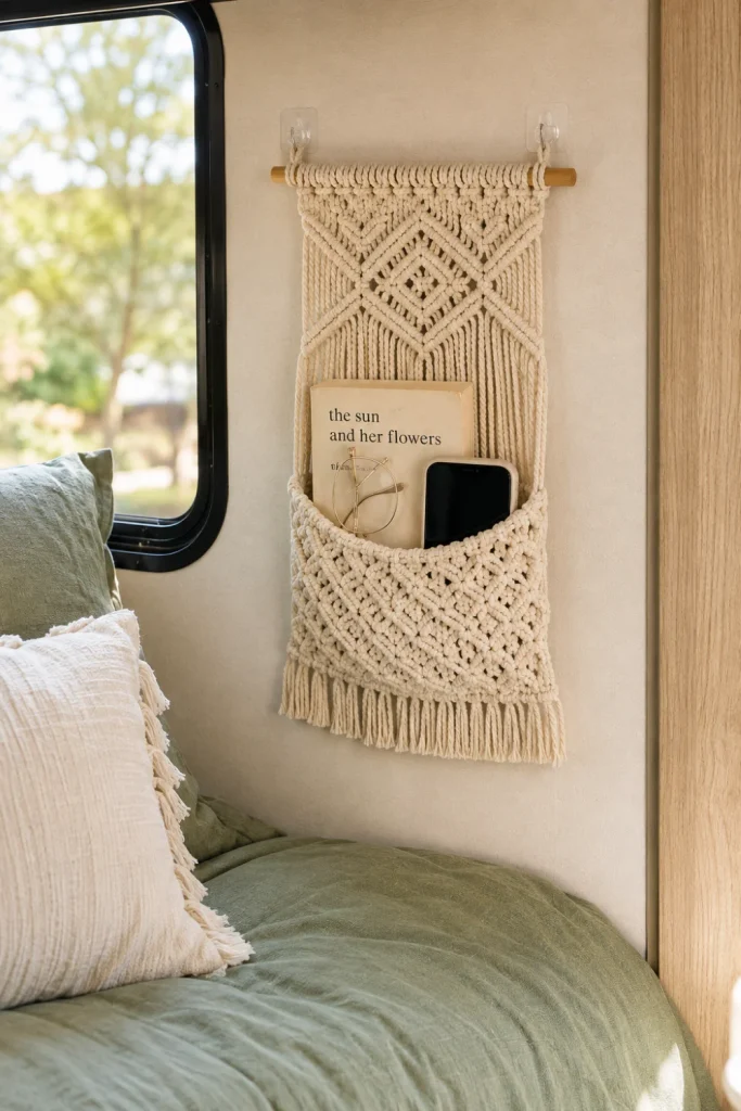 A small, woven macrame wall hanging with a shallow pocket mounted on an RV wall next to a bed, holding a paperback book, reading glasses, and a phone.
