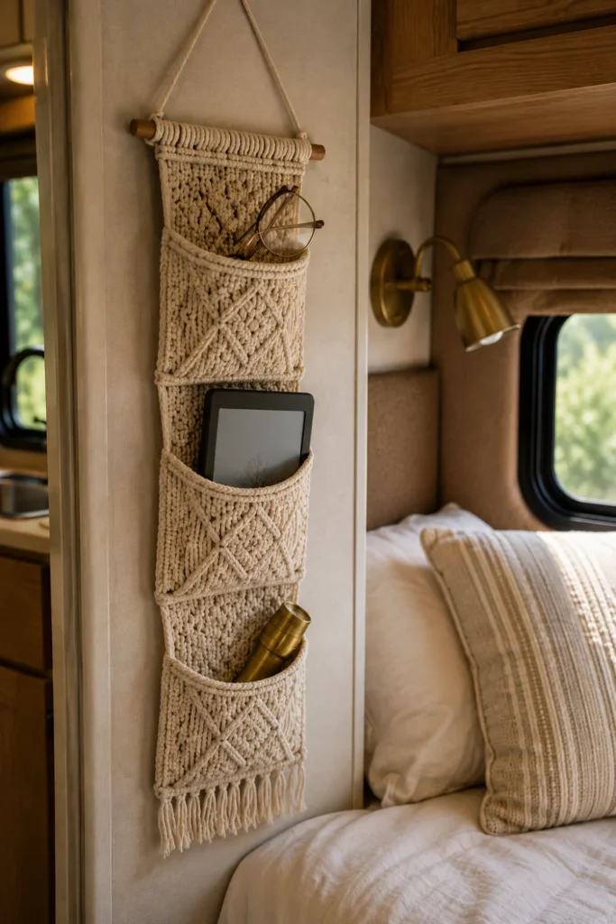 Three-tier woven cotton macrame hanging pocket organizer mounted on an RV bedroom wall.