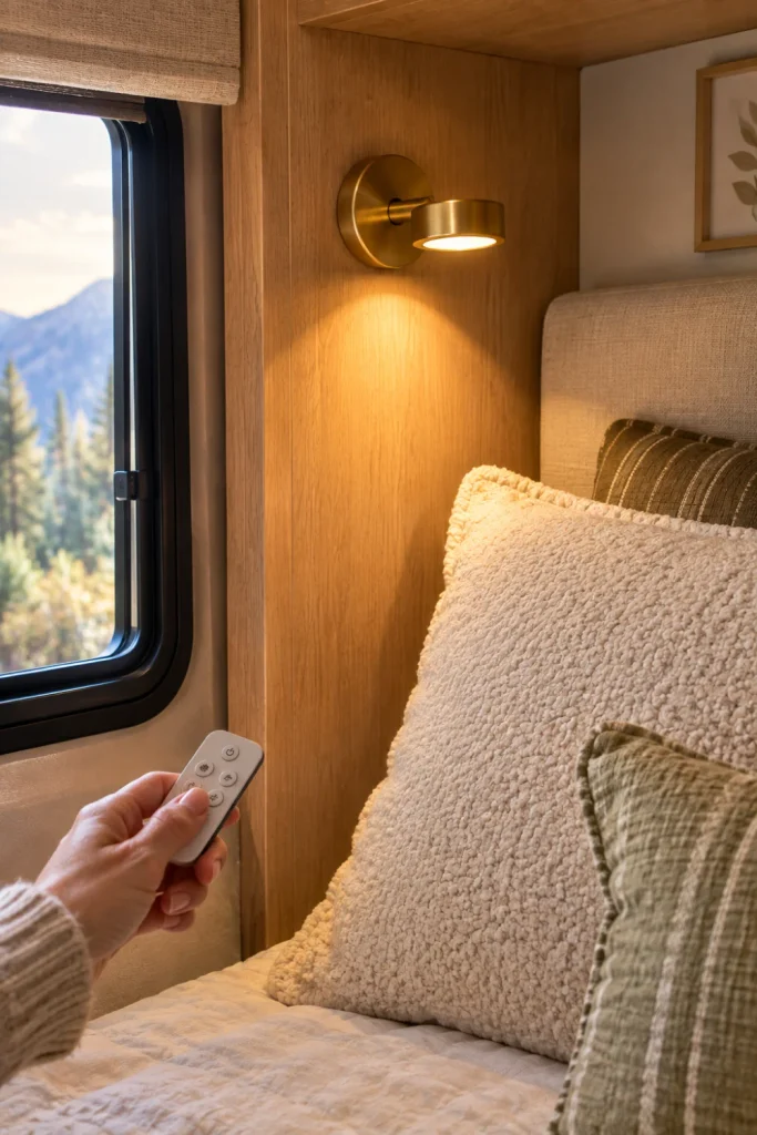 A close-up of a battery-operated gold bedside sconce mounted above an RV bed, emitting a warm glow onto a soft linen pillow, replacing the harsh overhead ceiling light.

