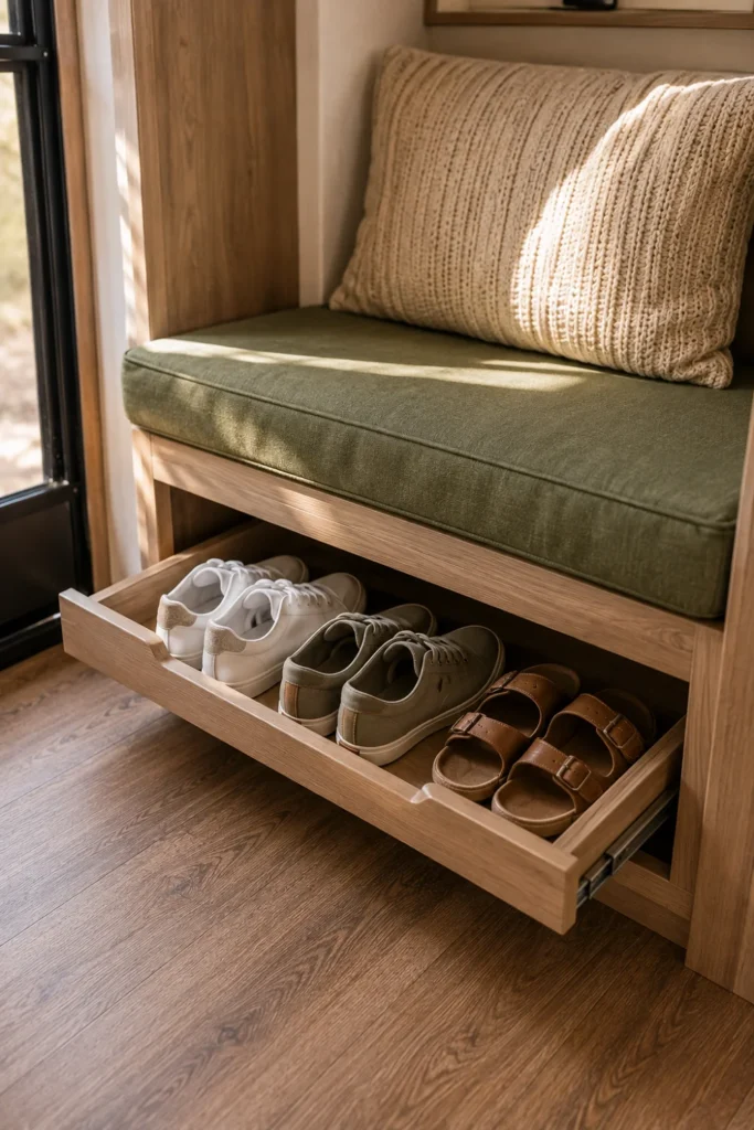 Pull-out shoe tray underneath an RV bench seat