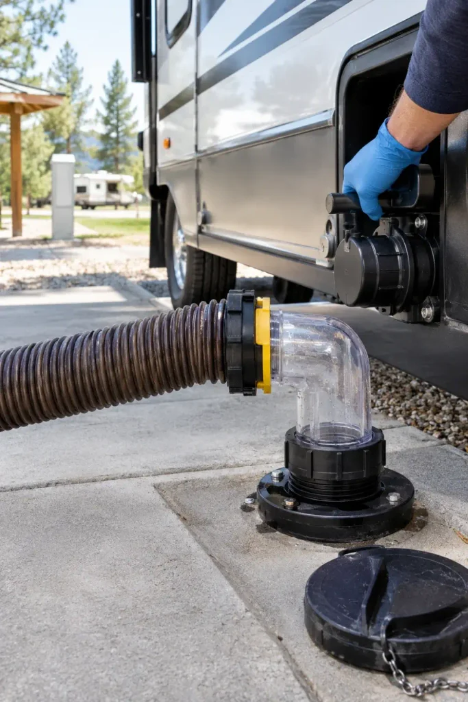 Proper RV sewer hose connection with a clear elbow adapter attached to a campground dump station pipe.

