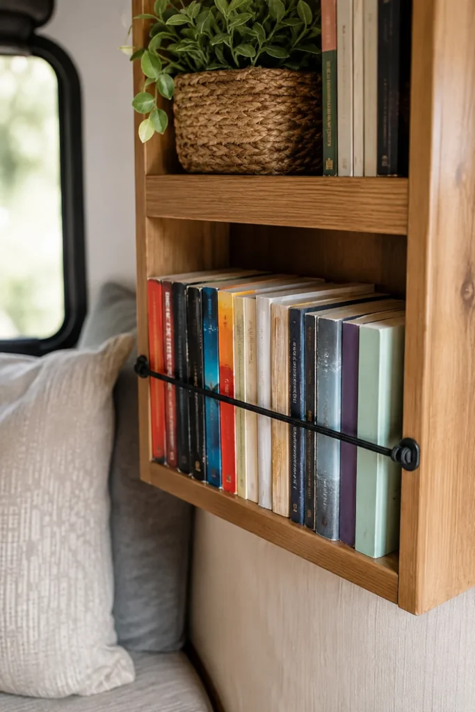 Elastic bungee cord barrier attached across an open camper bookshelf to secure books.