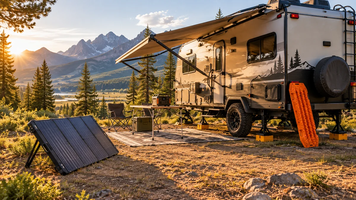 An off-grid camper trailer boondocking in an open alpine valley with portable solar panels and camping gear set up.