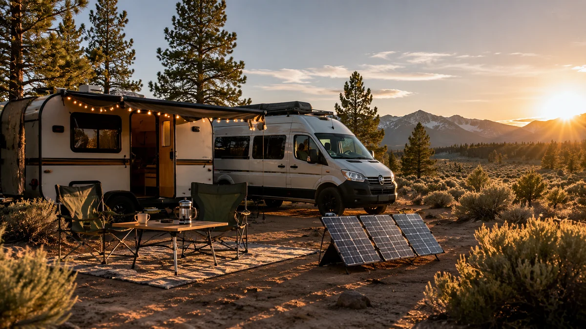 Modern off-grid RV camp setup at golden hour on public land, featuring an extended awning, outdoor ground mat, camp chairs, and portable solar panels in the desert brush.