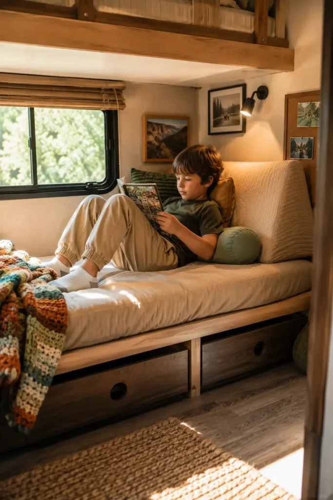 A bottom RV bunk is set up as a cozy daytime sofa with wedge pillows, a throw blanket, and a fitted cover, used by a child reading.