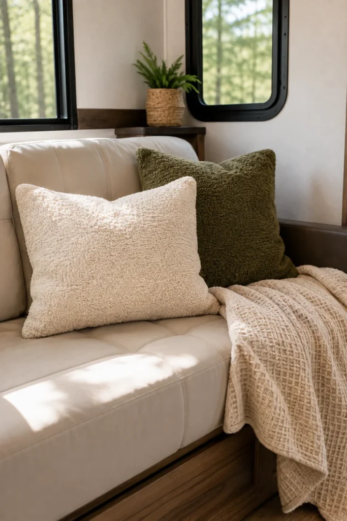 Textured bouclé accent pillows and a waffle knit blanket styled on an RV sofa.