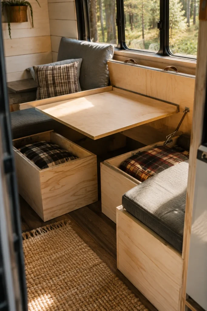 Custom birch box benches with built-in storage and a drop-in plywood table leaf in an RV.
