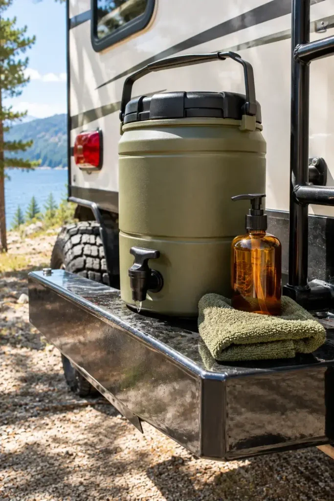 Two-gallon water dispenser with spigot and pump soap arranged as an exterior handwash station on an RV bumper.