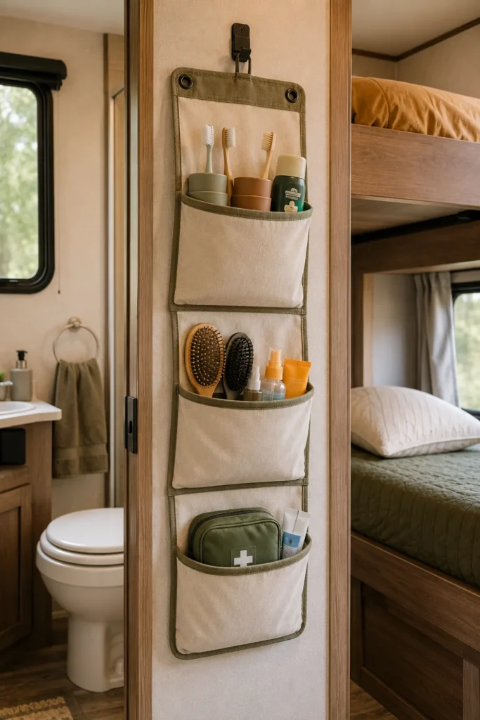Slim multi-tier fabric organizer mounted on an RV wall holding family toiletries and morning essentials.