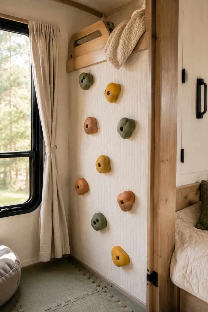 Colorful resin rock climbing holds mounted on an RV bunkhouse wall as a playful ladder to the top bunk.