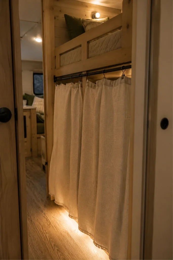 Off-white canvas privacy curtains closed across the front of an RV bunk bed.