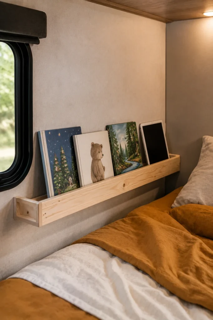 Slim wooden picture ledge mounted on an RV bunk wall displaying children's books and a tablet.