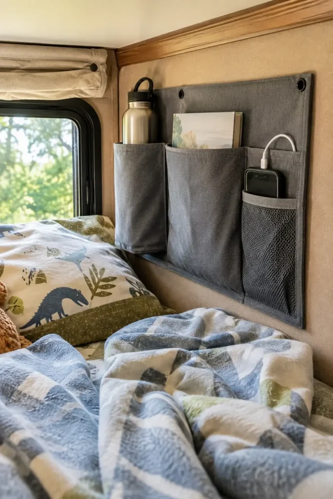 A gray canvas multi-pocket organizer hangs neatly on the wall next to a child's RV bunk bed, holding a water bottle, a book, and a smartphone.