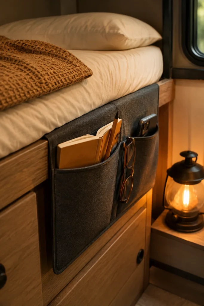 Bedside felt pocket caddy tucked under an RV bunk mattress holding personal bedtime items.